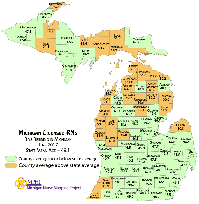 map depicting RN mean age by county in 2017